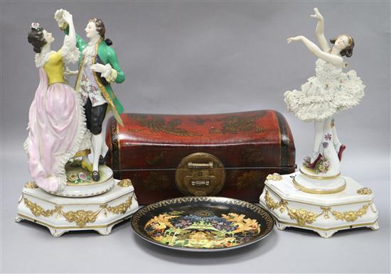 Two musical figure groups, a Chinese box and a Russian wall plate